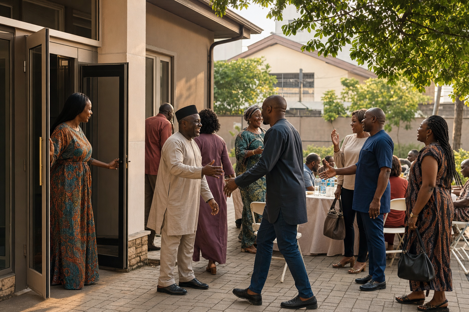 Nigerian neighbours greeting one another outside a sunlit community gathering.