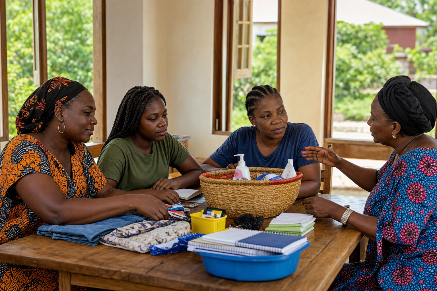 Nigerian women and a young adult sharing practical household items and notes around a table.