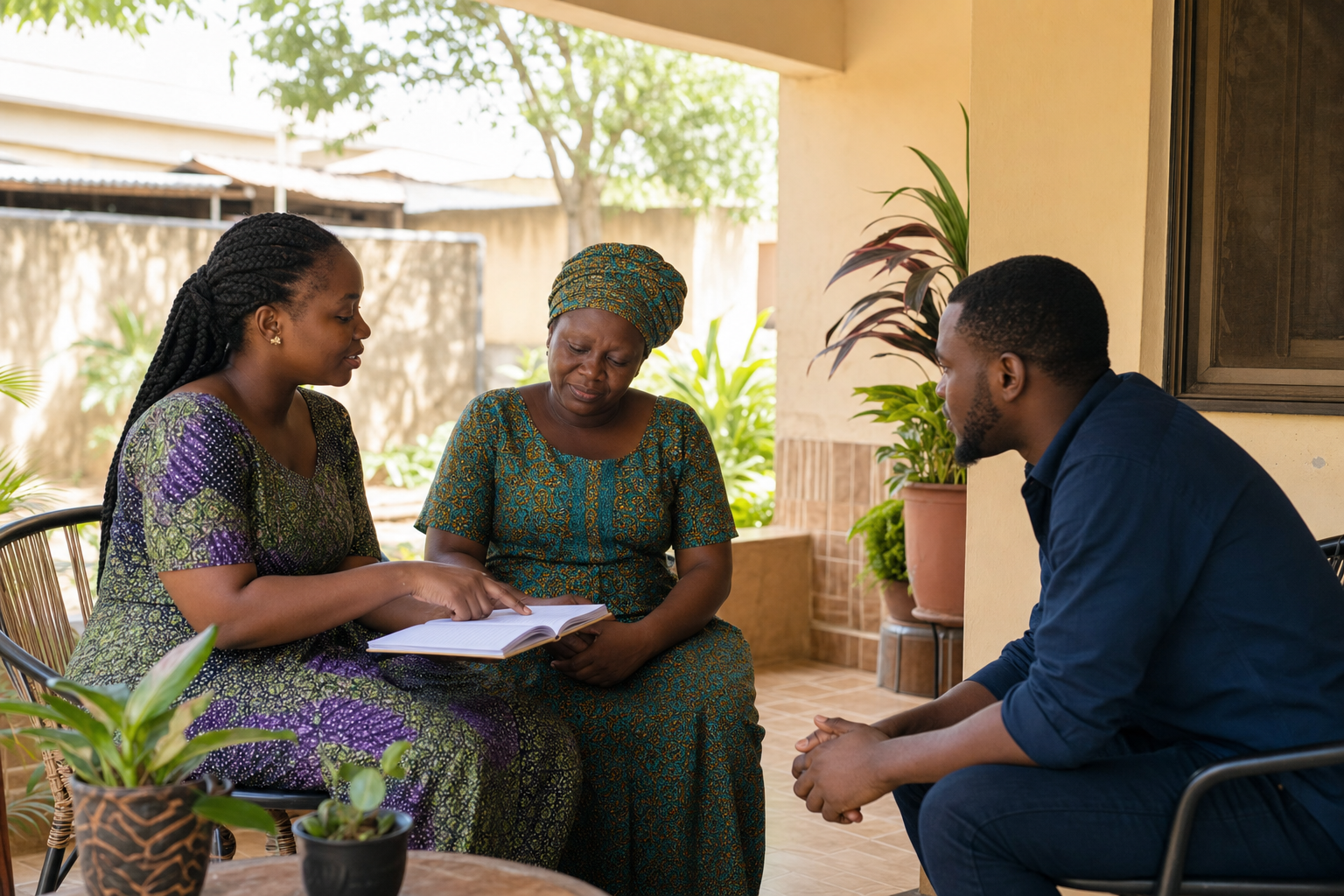 Three Nigerian adults sharing a quiet encouragement conversation on a shaded veranda.