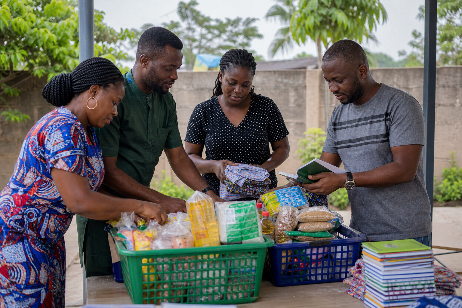 Four Nigerian neighbours preparing household items and notebooks together at an outdoor table.