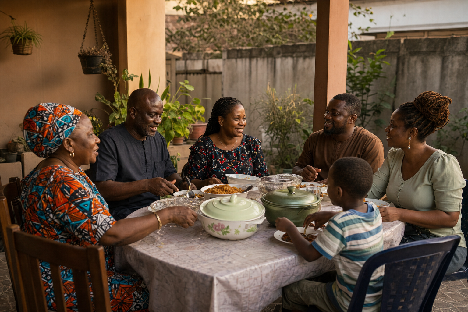 Nigerian neighbours sharing a meal and conversation around a covered patio table.