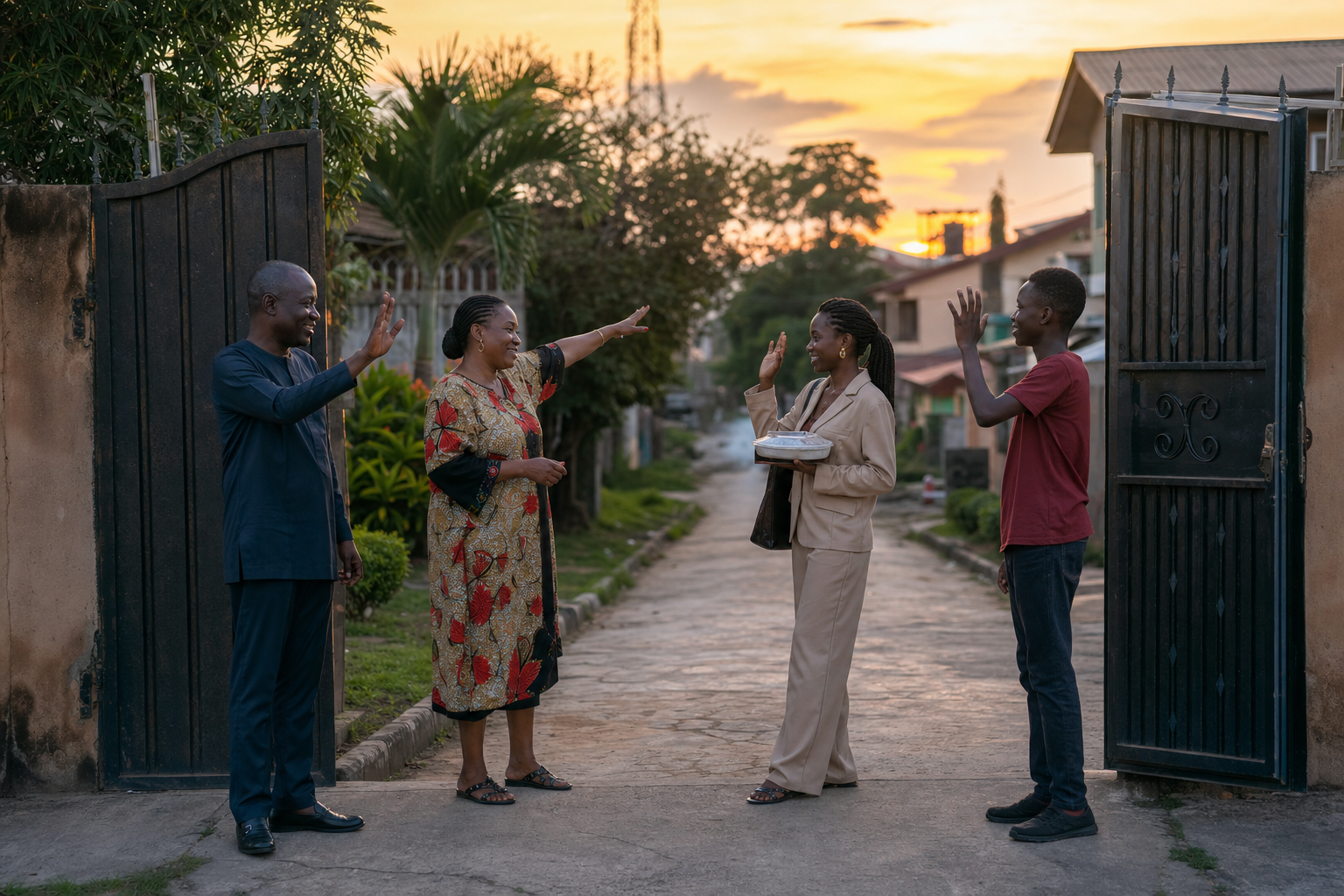 Nigerian neighbours exchanging a warm goodbye by an open gate at sunset.